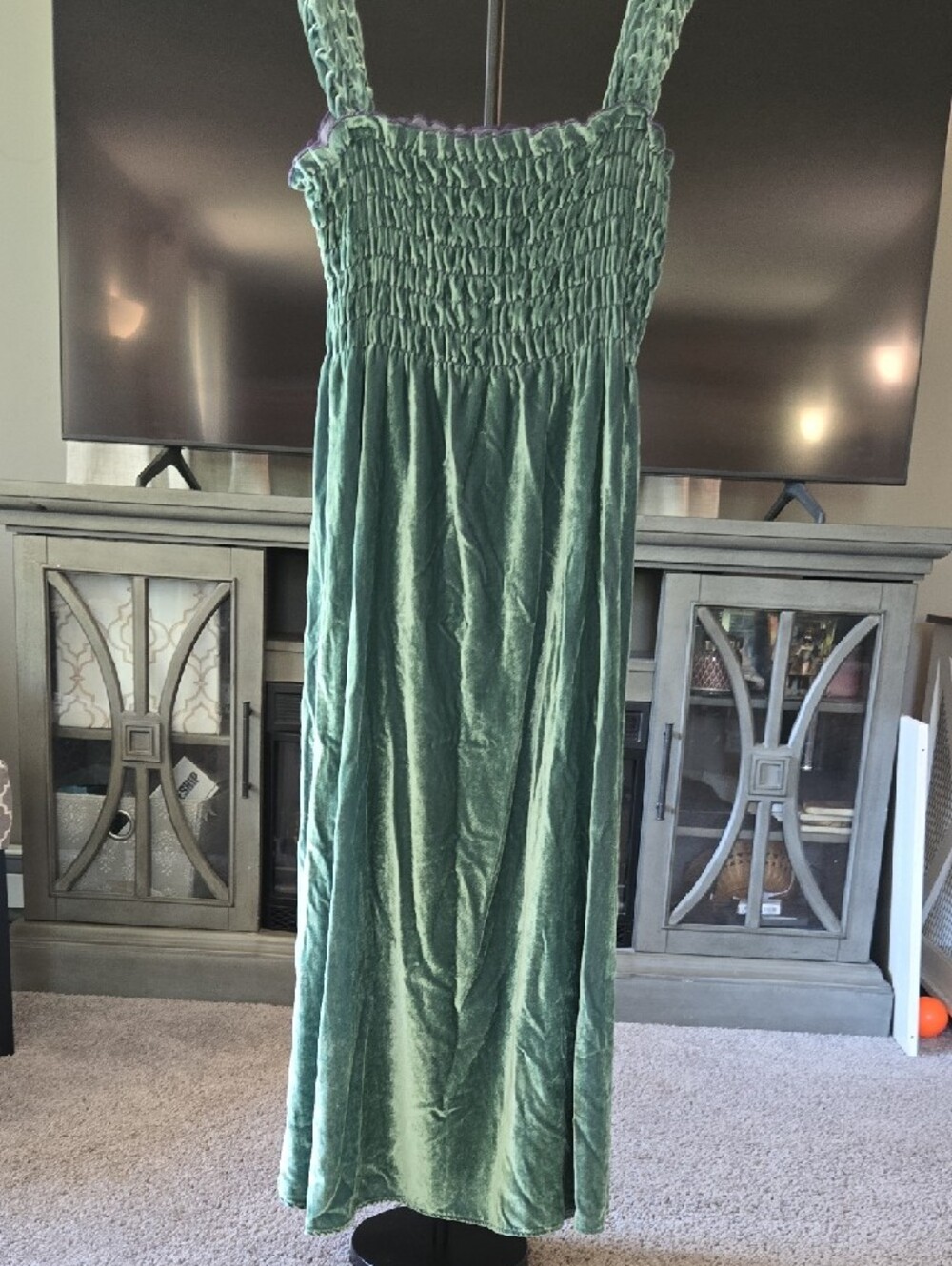 Free People Sage Green Velvet Smocked Maxi Dress with Slit - Picture 3 of 8
